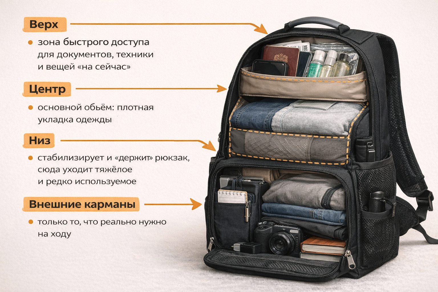 Зоны в рюкзаке для распределения ручной клади перед вылетом